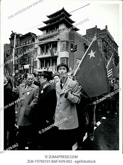 Jan. 01, 1979 - Chinatown New York: Red Chinese demonstration vote Nationalist Flag on building with 'pagoda' roof. (Credit Image: © Keystone Press...