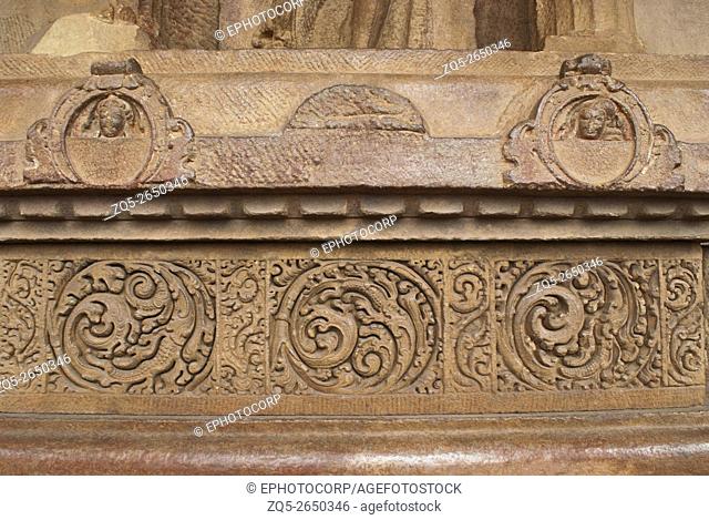 Carvings on the plinth, Durga temple, Aihole, Bagalkot, Karnataka, India. The Galaganatha Group of temples