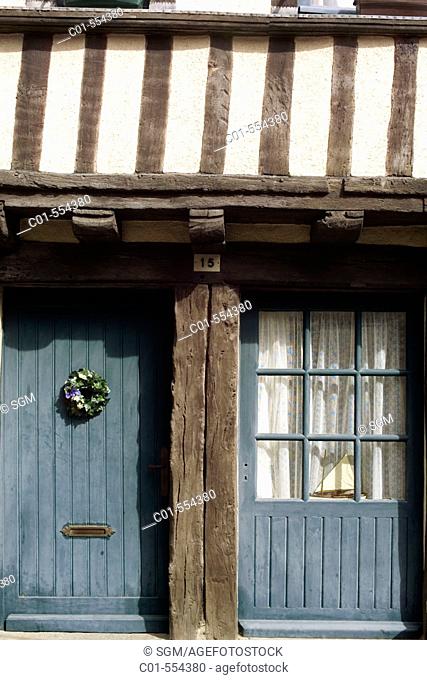 Half-timbered house's entrance. Jerzual street. Dinan. Britanny. France