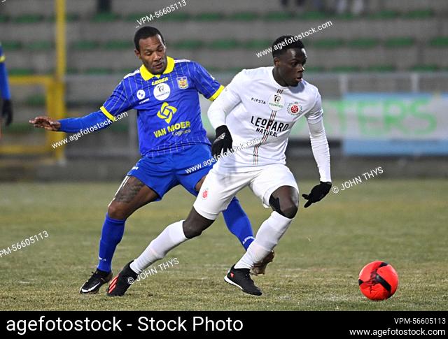 Beveren's Everton Luiz and Virton's Marc-Olivier Doue fight for the ball during a soccer match between Royal Excelsior Virton and SK Beveren