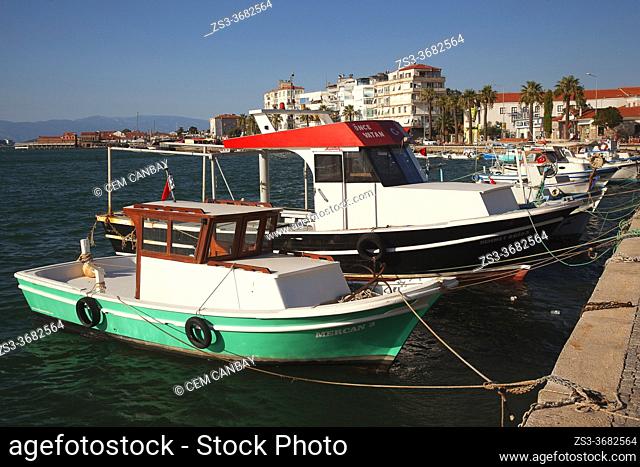 Traditional fishing boats at the small port in Macaron district, Ayvalik, Ancient Kydonies, Balikesir, Aegean Region, Turkey, Europe
