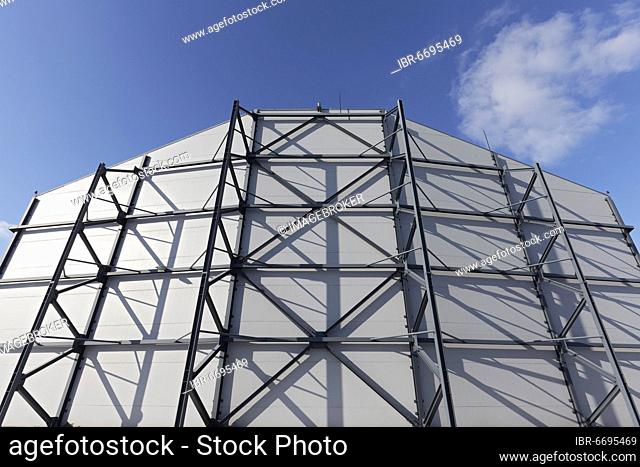 Metal support structure on the outer wall of a hangar, against a blue sky, Düsseldorf Airport, North Rhine-Westphalia, Germany, Europe
