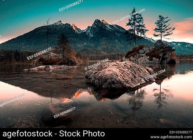 Wonderful Sunset at Hintersee Lake in Bavarian Alps. Awesome Alpine Highlands during sunrise