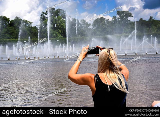 Multimedia Fountain in the Centennial Hall (Hala Stulecia) in Wroclaw, Poland, July 20, 2023. Hall was listed as a UNESCO World Heritage Site in 2006