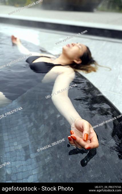 Saint-Gervais Mont-Blanc thermal spa. Balneotherapy. Woman enjoying spa and wellness treatment. Relaxation concept. France