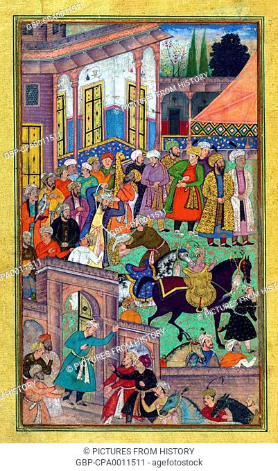 India: Scene from the Baburnama. Zahir ud-din Muhammad Babur (1483-1531) the first Mughal Emperor, donning a turban before mounting his horse