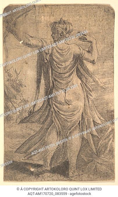 Diana viewed from behind firing her bow, ca. 1538â€“40, Etching, Prints, Andrea Schiavone (Andrea Meldola) (Italian, Zadar (Zara) ca