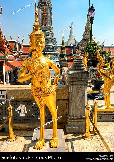 Statue of a Kinnara in Wat Phra Kaew in Bangkok, Thailand. In Southeast Asian mythology, Kinnaris are depicted as half-bird, half-woman creatures