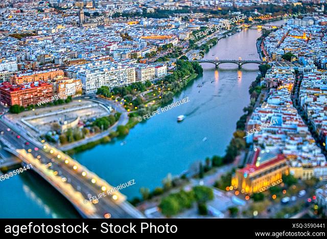 Aerial view of downtown Seville (Spain). Photo taken with a tilted lens for a shallower depth of field
