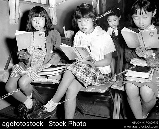 Japanese-American Children at Sunday School Class, Manzanar Relocation Center, California, USA, Ansel Adams, Manzanar War Relocation Center Collection, 1943