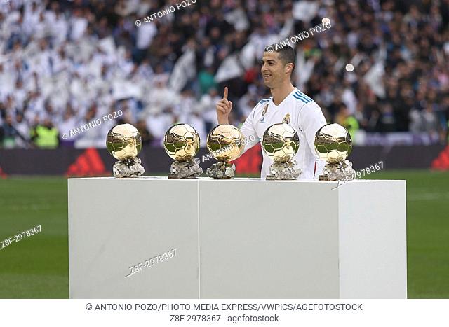 MADRID, SPAIN. December 09, 2017 - Cristiano Ronaldo presented to the fans his fifth Ballon d'Or award. Real Madrid defeated Sevilla with a 5-0 score
