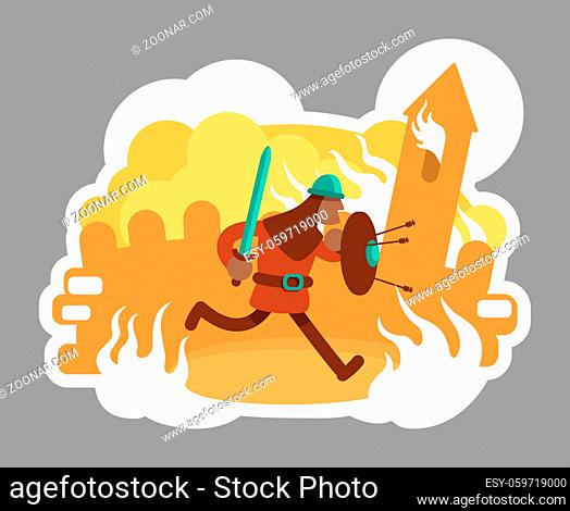 Warrior 2D vector web banner, poster. Strong soldier with shield and sword attack. Roman fighter flat characters on cartoon background
