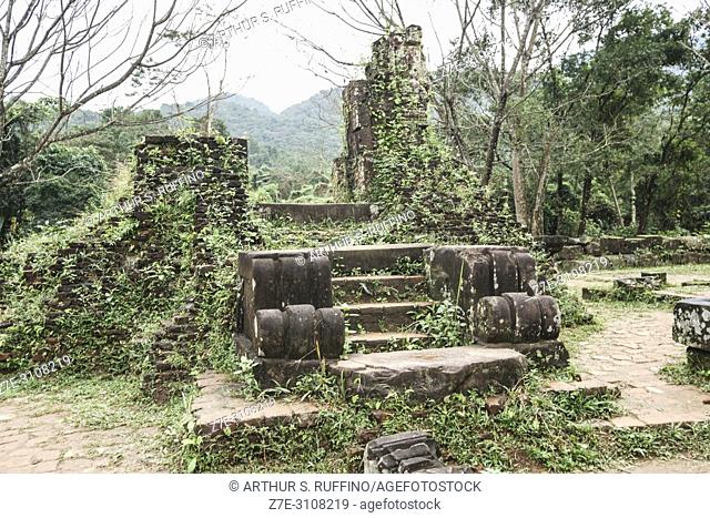 Steps to the remnants of a building . My Son Sanctuary, archaeological site, UNESCO World Heritage Site, Quang Nam Province, Da Nang, Vietnam, Southeast Asia