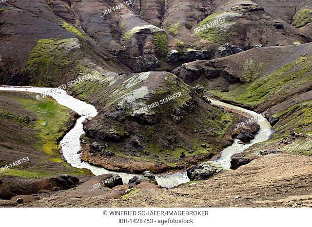 View into the Ásgarðsgljúfur gorge near the Kerlingarfjoell geothermal area, Iceland, Europe