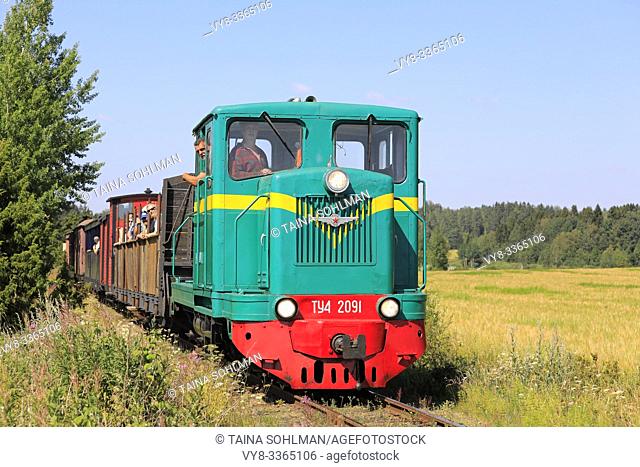 Green TU4-type diesel locomotive number 2091, made in the former Soviet Union in 1970, on Jokioinen museum railway. Palomaki, Finland. July 28, 2019