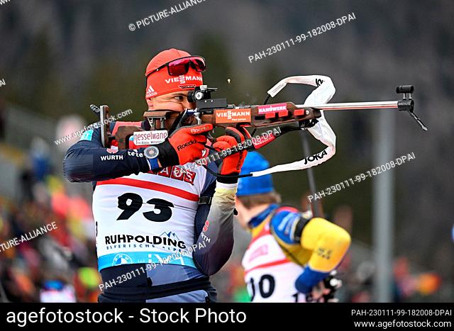 11 January 2023, Bavaria, Ruhpolding: Biathlon: World Cup, Individual 20 km, Men: Philipp Nawrath from Germany shooting in. Photo: Sven Hoppe/dpa