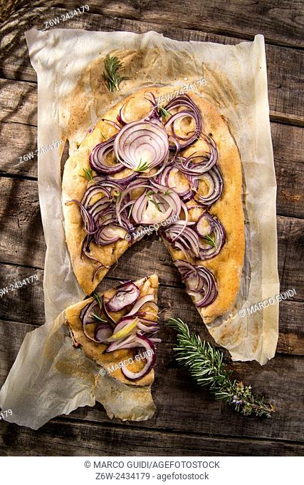 Focaccia made with whole wheat flour with red onion