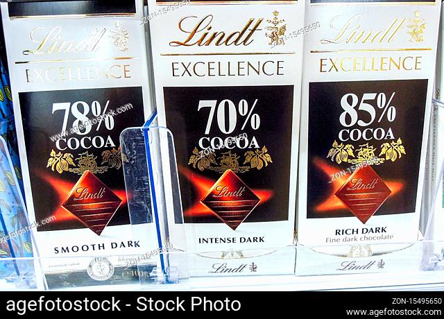 Samara, Russia - November 25, 2019: Lindt Excellence Chocolates package on supermarket shelf. Lindt is a Swiss chocolatier and confectionery company