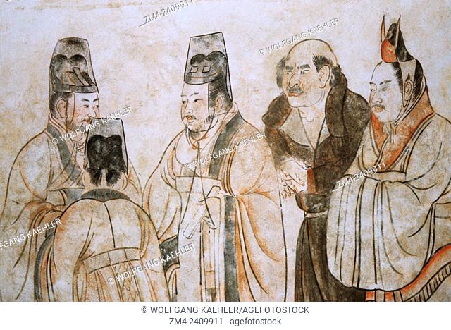 In this mural foreign ambassadors are being received at court. The two elegantly clad figures on the right are from Korea, the bare-headed
