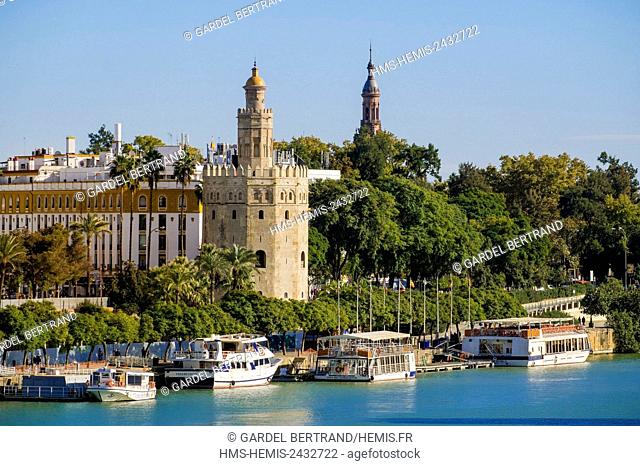 Spain, Andalusia, Seville, on the Guadalquivir river, the Golden Tower (Torre del Oro), former military observation tower built in the early 13th century...