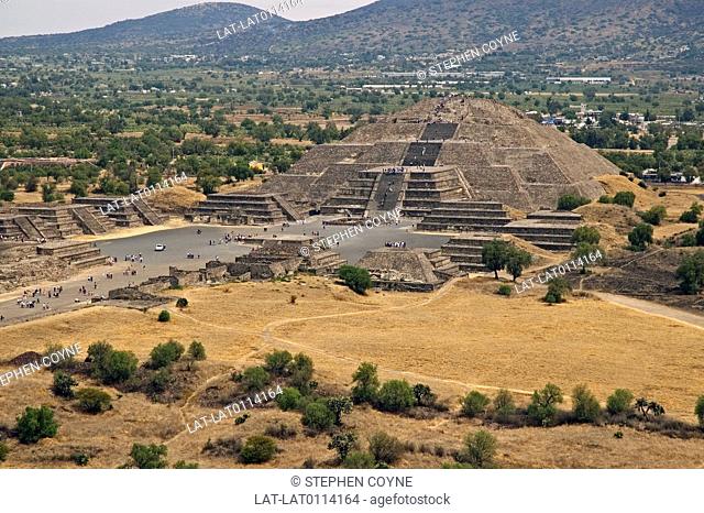 1st Century AD buildings. Aztec archaeological site Plaza of the Moon and Avenue of the Dead. Piramide de la Luna. View from hillside down onto site