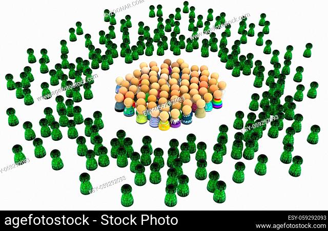 Crowd of small symbolic figures, virtual characters, 3d illustration, isolated, horizontal
