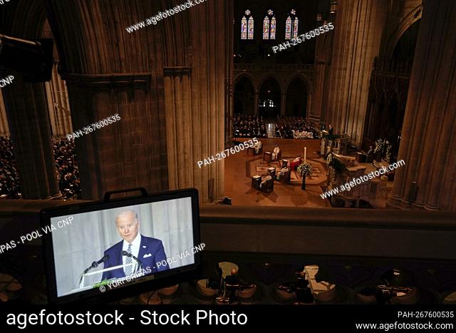 United States President Joe Biden delivers a tribute at the funeral service of former US Senator Bob Dole (Republican of Kansas) at the Washington National...