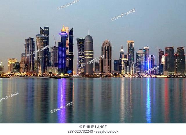 Doha downtown skyline at dusk, Qatar, Middle East