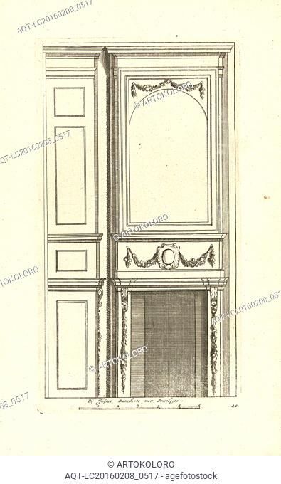 The tablet of the high chimney breast is supported by Ionic pilasters, interior, decoration, design, ornament, ornamental, architecture, Cornelis Danckerts (I)