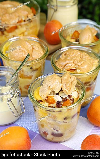 Swabian cuisine, sweet Ofenschlupfer with apricots and meringue, whipped egg whites, vanilla sauce on the back, flaked almonds, fruit, vitamins, vegetarian