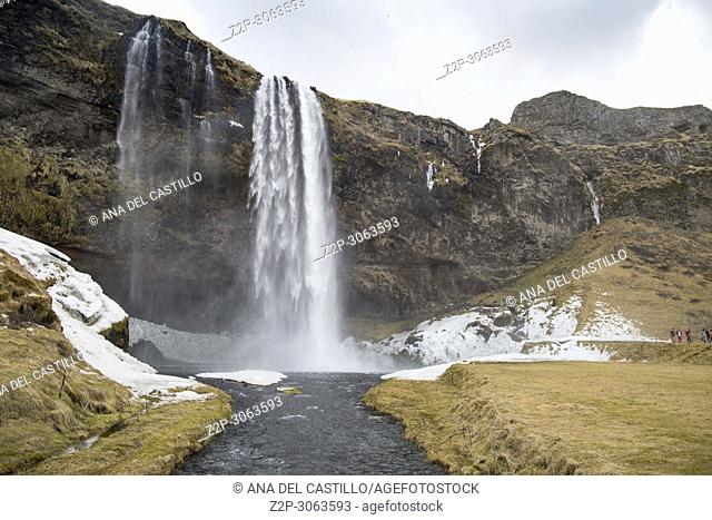 Waterfall Seljalandsfoss in winter, Iceland