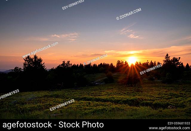 Panoramic image of the peak of the Kahler Asten at sunset, most famous mountain of Sauerland region in Germany