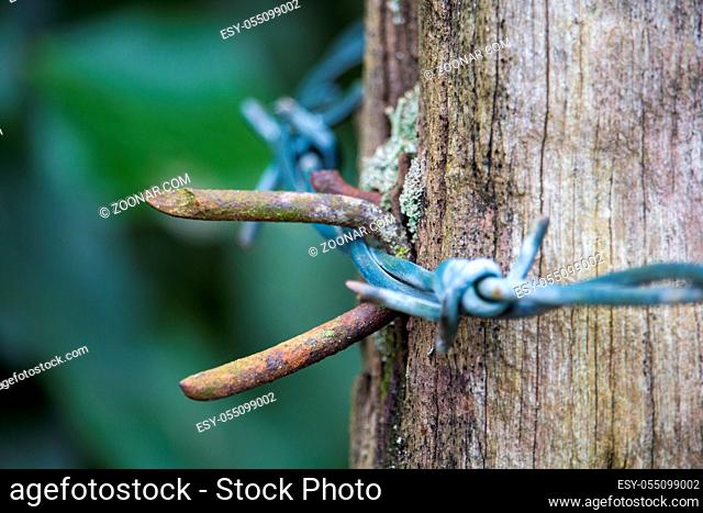 barbed wire lies over a log of wood and holds a steel ramp