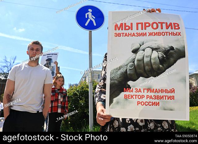 RUSSIA, RYAZAN - MAY 13, 2023: A poster reading 'We are against animal euthanasia, we support a humane vector of development for Russia' is seen during a rally...