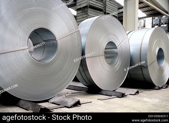 rolls of steel sheet in a plant, galvanized steel coil. High quality photo