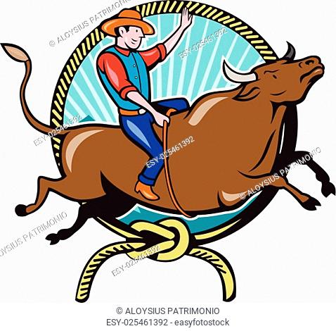 Illustration of rodeo cowboy riding bucking bull viewed from the side with lasso rope and sunburst in the background done in cartoon style