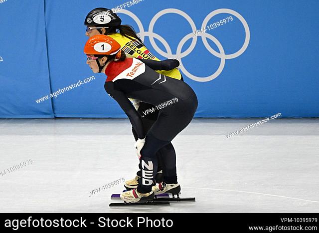 Dutch Suzanne Schulting and Belgian shorttrack skater Hanne Desmet pictured in action during the quarter finals of the women's 1500m Short Track speed skating...