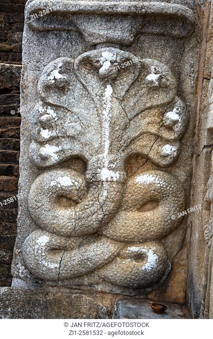 detail of seven headed snake at Theravada stupa at Anaradhapura in Sri Lanka