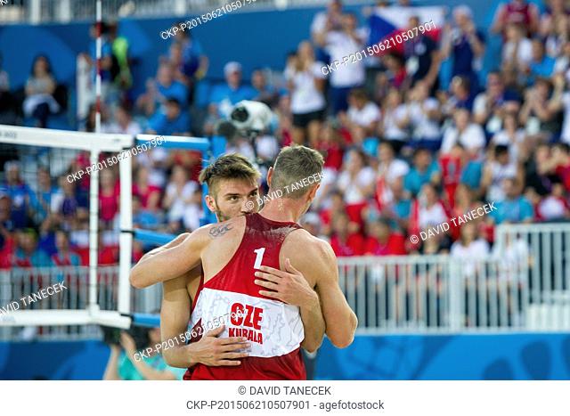 From left Jan Hadrava and Premysl Kubala of Czech Republic hug each other during the Men's beach volleyball bronze medal match Czech Republic vs Switzerland at...