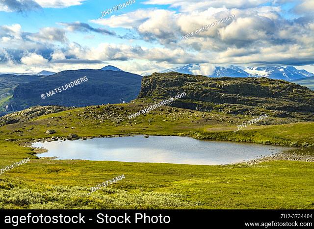 View over Stora sjöfallet nationalpark, small lake and mountains with little snow in background, Stora sjöfallet nationalpark, Swedish Lapland, Sweden
