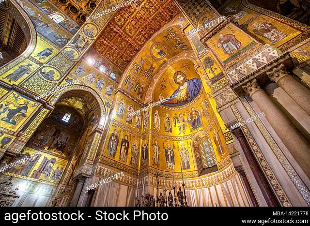 Interior of the cathedral with gold mosaics, Monreale, Sicily, Italy