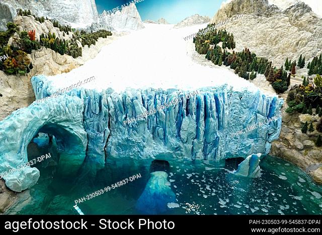 03 May 2023, Hamburg: The Perito Moreno Glacier can be seen in the new Patagonia and Argentina section in Miniatur Wunderland