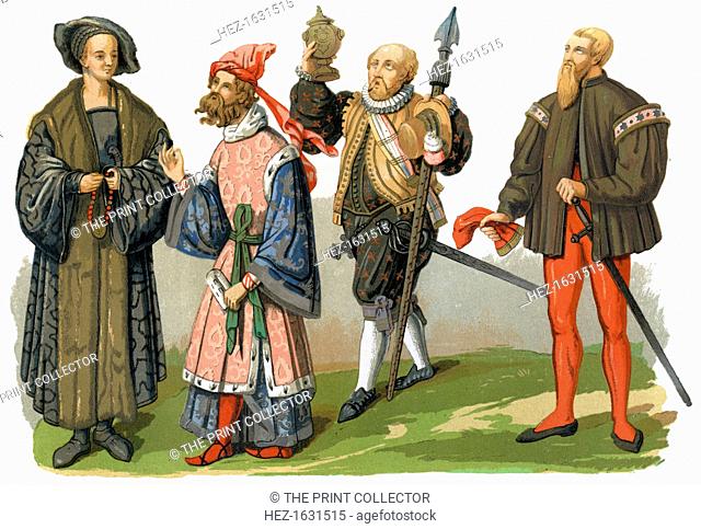 Costumes, 16th century (1849). Featured are a patrician (early 16th century), a man of quality (mid-16th century), a borgouise in festival clothes (late 16th...