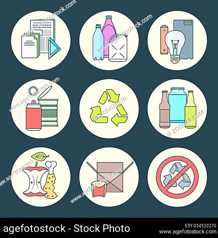 vector outline design waste colored groups paper plastic battery metal glass organic paper hazardous round icons set for separate collection and segregation...