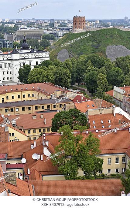 colline et Tour de Gediminas vue depuis le beffroi de l'eglise Saint-Jean-Baptiste-et-Saint-Jean-l'Evangeliste, Vilnius, Lituanie