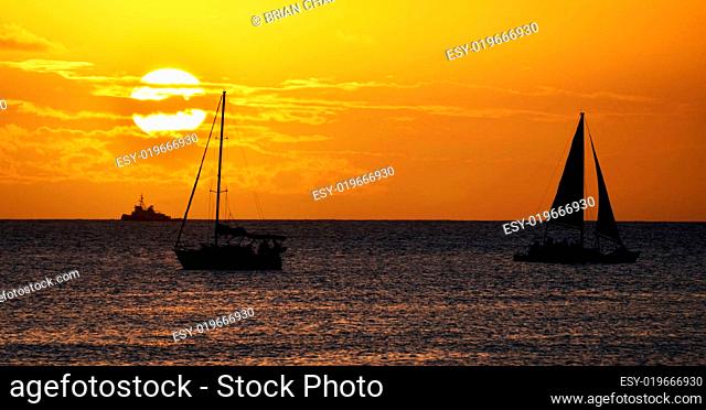 Sailboat Sunset Landscape Over Hawaii Ocean Waters