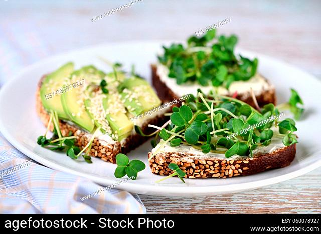 Sandwich rye bread with cereals, cream cheese, avocado and sprouted radish sprouts (microgreen)