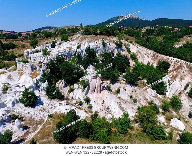 Aerial view of the natural landmark, called The Stone Wedding, located about 3 kilometers east of the town of Kardzhali, near the village of Zimzelen