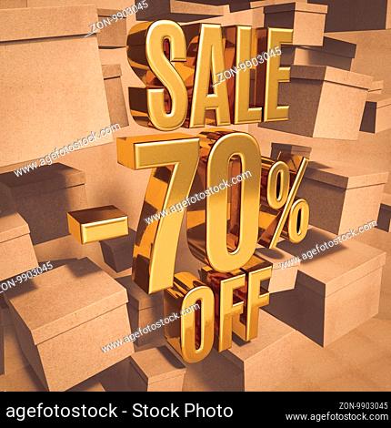 Gold 70 Percent Off Discount 3d Sign with Packaging Boxes Sale Banner Template, Special Offer 70% Off Discount Tag, Golden Sale Sticker, Gold Sale Symbol