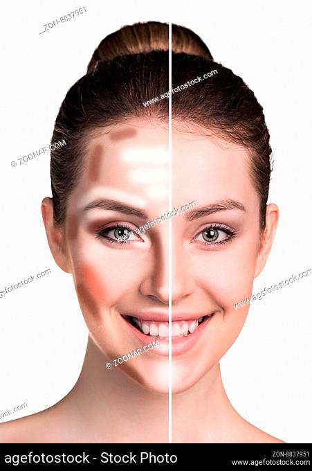 Divided woman face before and after blending contour and highlight makeup